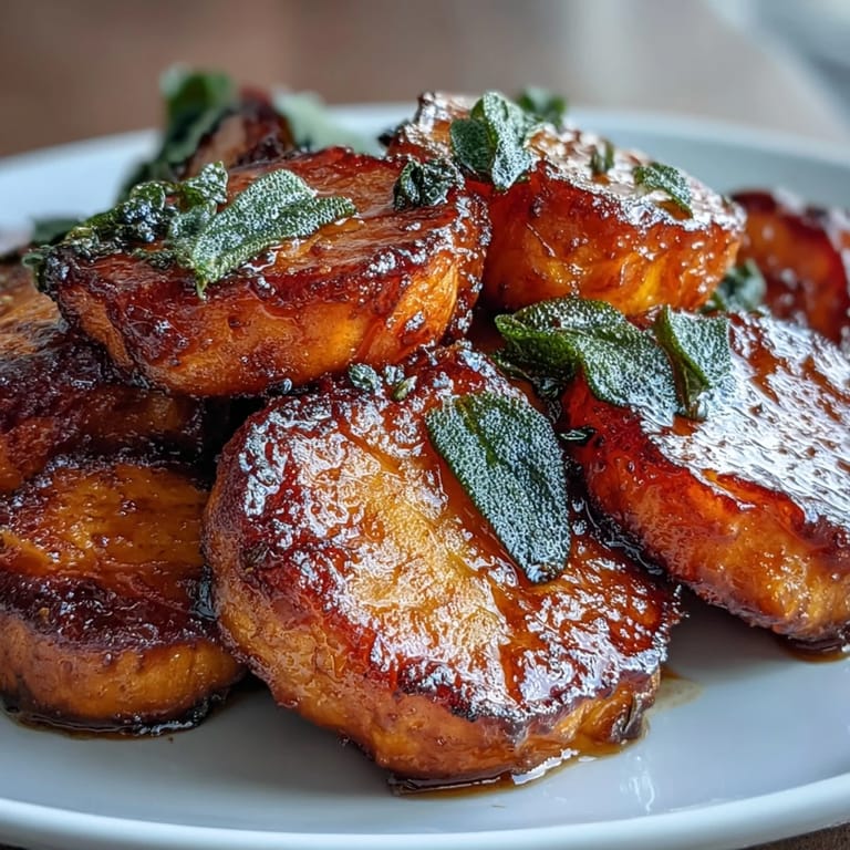 Richly caramelized sweet potatoes baked in a nutty brown butter and sage glaze for a festive holiday side.  