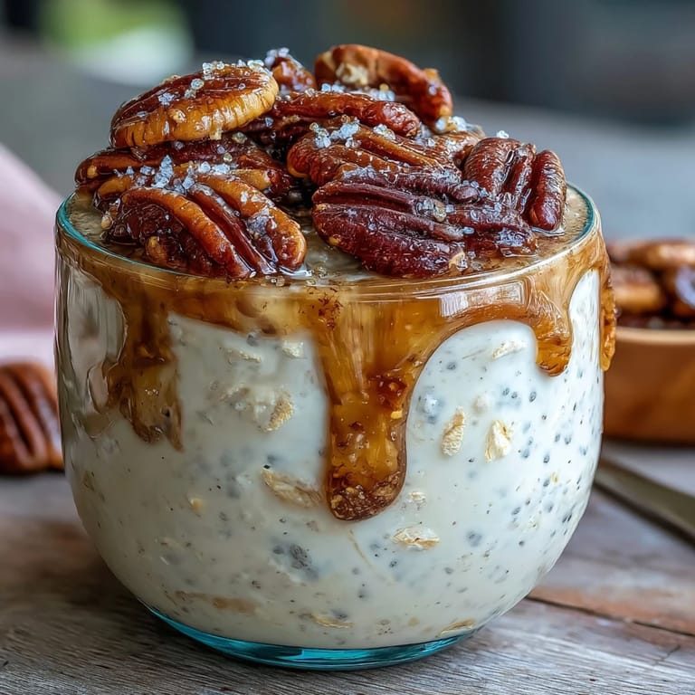 A jar of overnight oats topped with golden caramelized pecans and a generous pour of rich maple syrup, perfect for busy mornings.