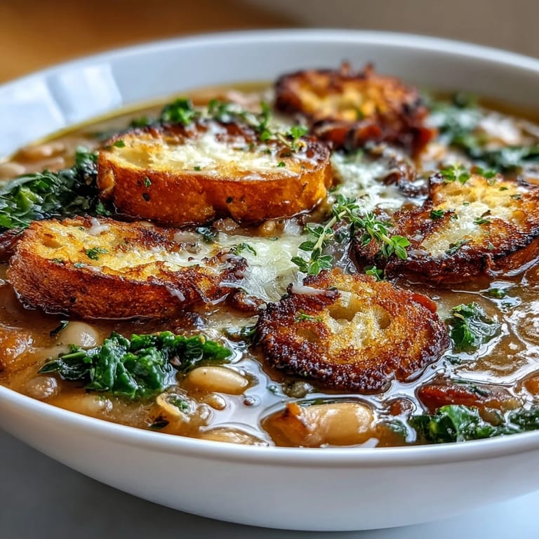 This vibrant white bean and kale soup is served with crunchy sourdough croutons, showcasing the rich flavors of traditional Tuscan ribollita.