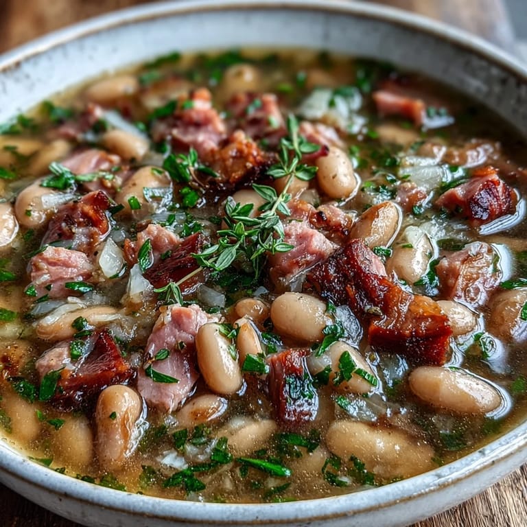 Hearty ham and navy bean soup with vibrant carrots, celery, and aromatic thyme—perfect for a nourishing, gluten-free meal.