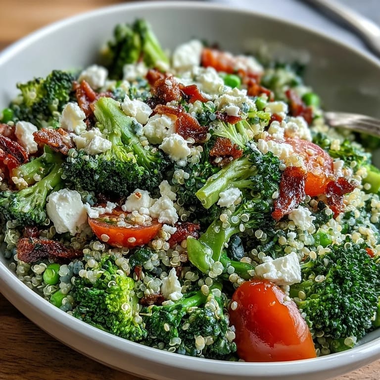 Wholesome grain bowl packed with nutty quinoa, crisp-tender broccoli, sweet peas, and tangy feta cheese — perfect for a light lunch or dinner.  
