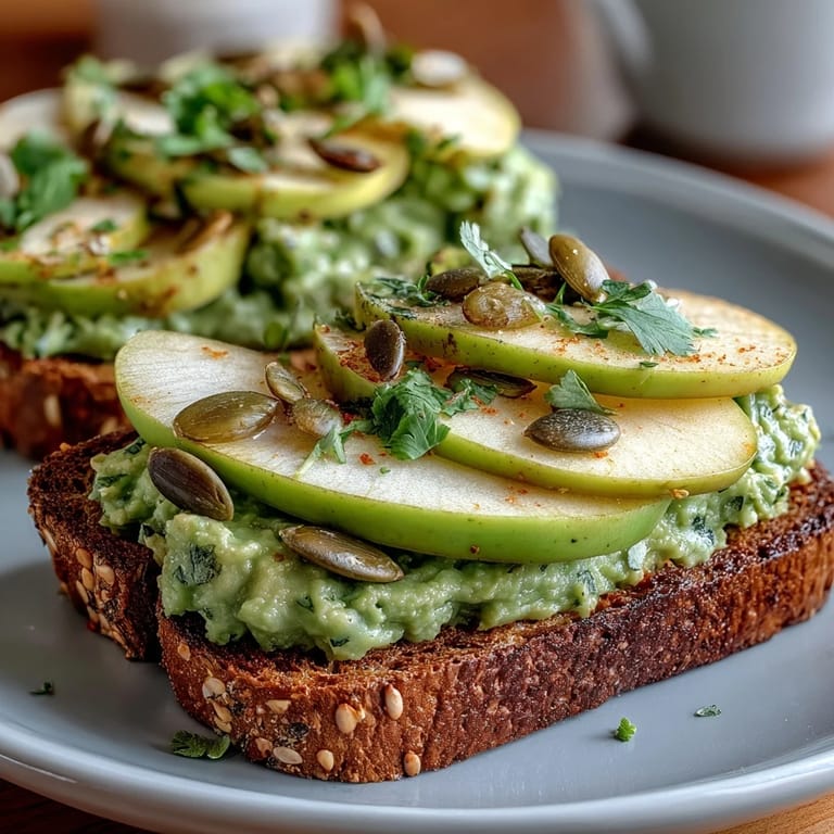 Nutritious breakfast toast featuring mashed avocado, tart green apple, and roasted pumpkin seeds for crunch.