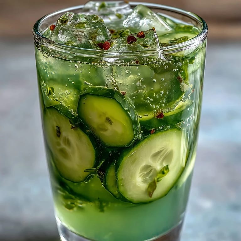 Two tall glasses filled with refreshing Cucumber, Apple, and Ginger Detox Juice, ice cubes clinking and steam rising from the chilled drink.
