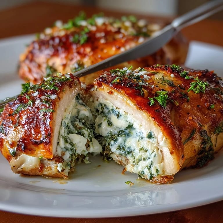 A mouthwatering photo of spinach and feta stuffed chicken breasts, golden brown and bursting with savory Mediterranean flavors.