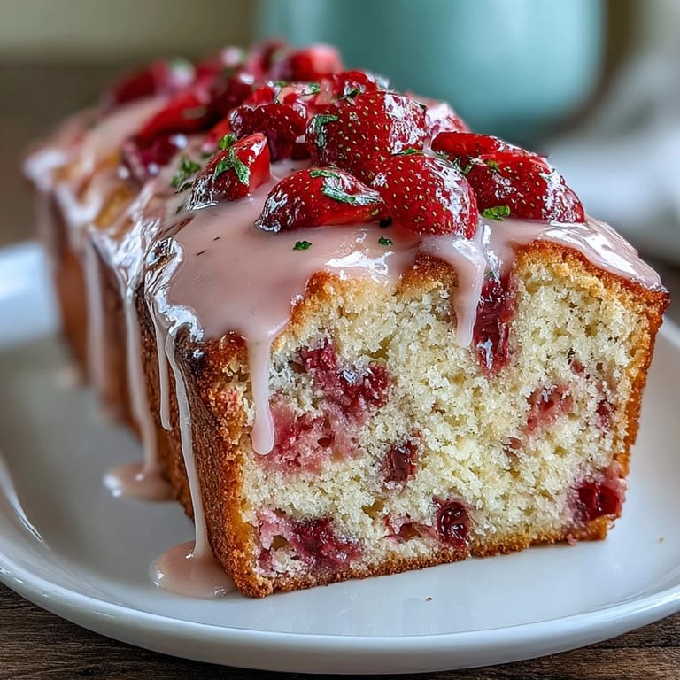 2. Buttery pound cake marbled with vibrant strawberry swirl and glossy vanilla glaze, ideal for gatherings.
