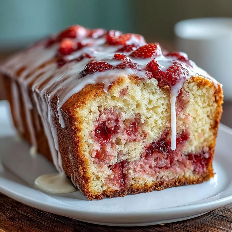 3. Homemade strawberry swirl pound cake loaf with rich vanilla glaze, a delightful spring dessert or sweet snack.