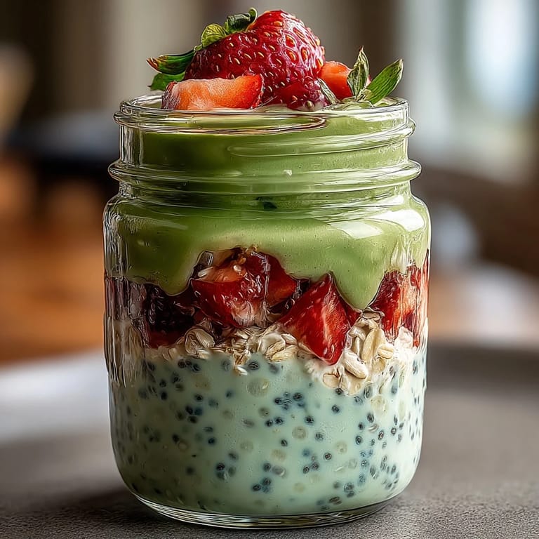 Vibrant strawberry matcha latte overnight oats in mason jars, perfect for a refreshing breakfast