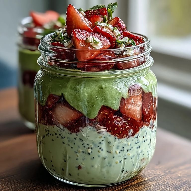 Layered strawberry matcha latte overnight oats in mason jars, combining sweet fruit and earthy green tea flavors