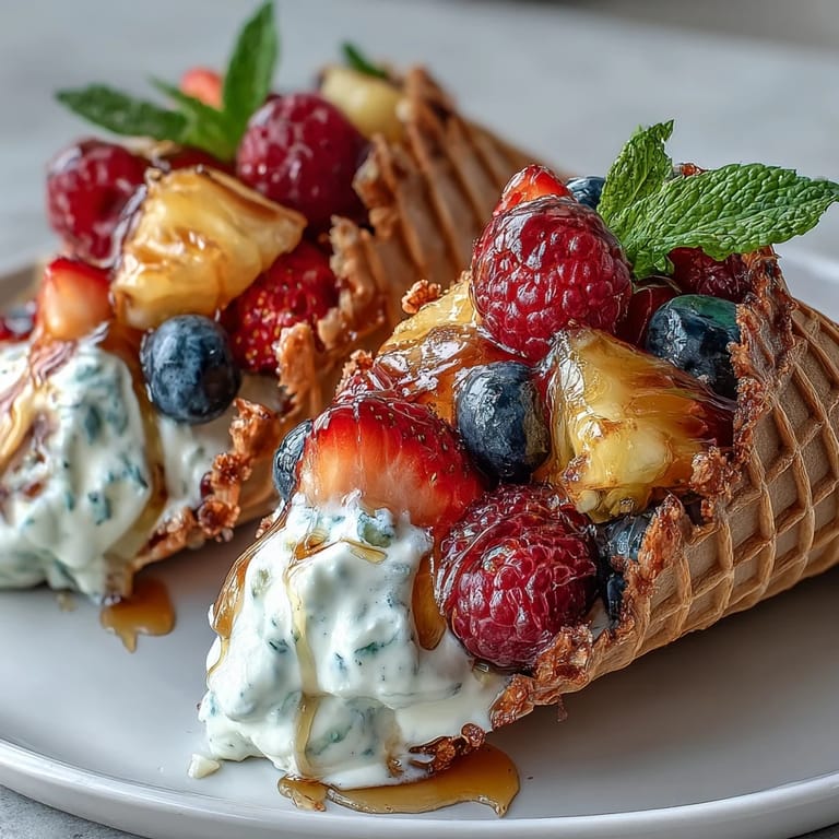 Vibrant waffle cones filled with seasonal fruits and paired with creamy Greek yogurt dip for easy snacking.