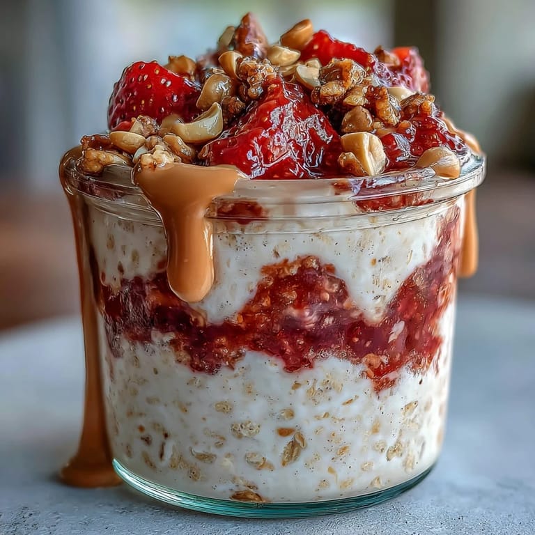 Layered strawberry PB&J overnight oats topped with fresh strawberries and roasted peanuts for a satisfying morning meal.