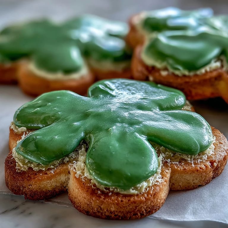 Buttery sugar cookies decorated with vibrant green royal icing in shamrock shapes, ideal for holiday dessert tables.