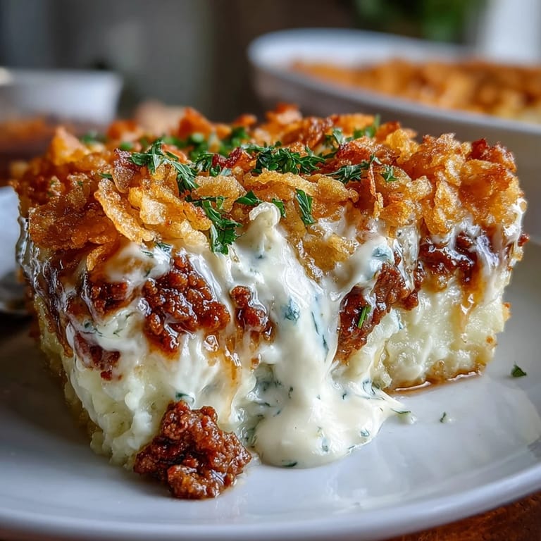 Rich and cheesy funeral potatoes shepherds pie mash-up layered with seasoned ground meat, vegetables, and a buttery cornflake crust, baked until bubbly.  