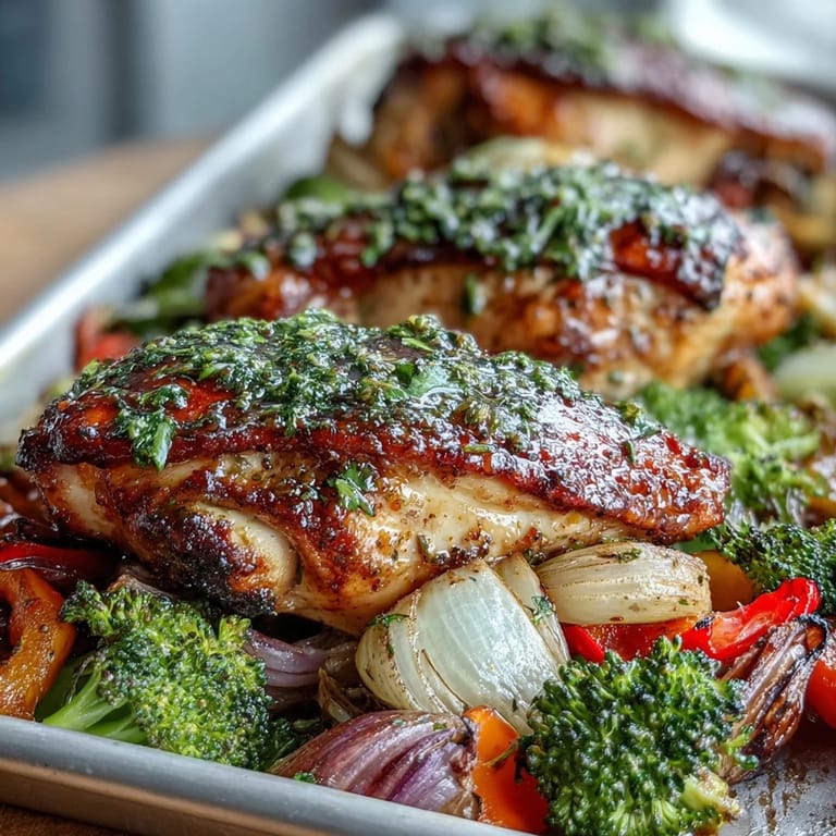Quick and nutritious one-pan meal featuring juicy chicken and vibrant bell peppers, broccoli, and red onion, seasoned to perfection.  