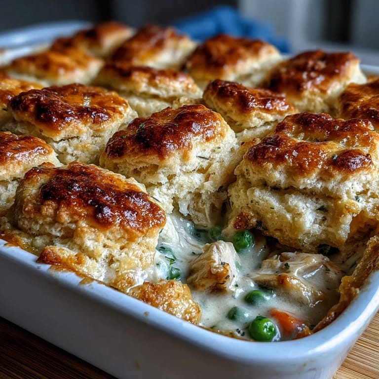 Hearty chicken pot pie in a rich, creamy sauce, topped with golden homemade biscuits straight from the oven.