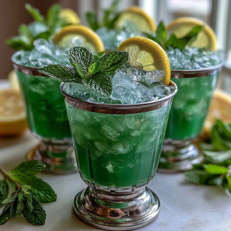 Sparkling ginger ale mint julep mocktails with crushed ice, bright citrus, and aromatic mint leaves for a festive Derby celebration.  