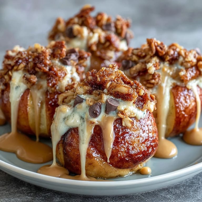 Nutty peanut butter glaze over fresh apple slices, finished with granola for a delightful, wholesome dessert.