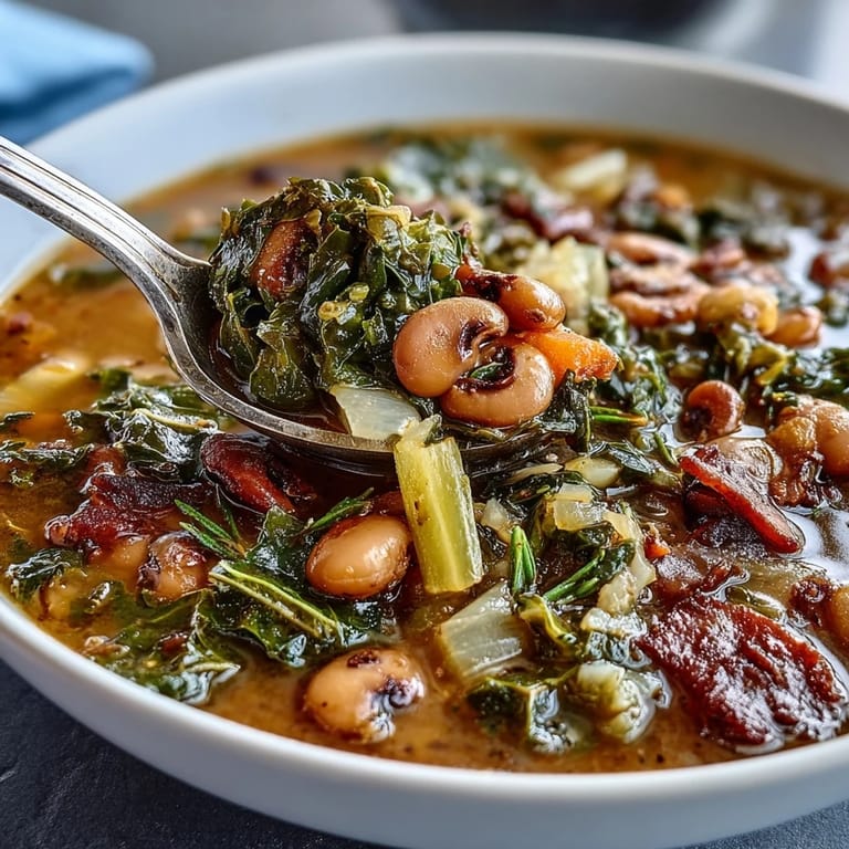 Hearty Southern Black-Eyed Pea and Collard Green Stew with tender legumes, sautéed vegetables, and rich broth, served with a slice of golden cornbread on the side.