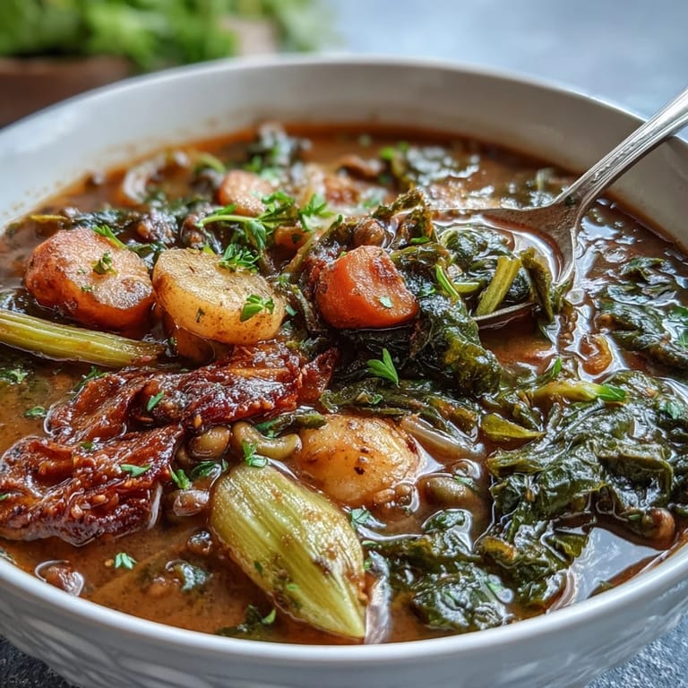 Aromatic Soul Food Black-Eyed Pea and Collard Green Stew, simmered with smoked paprika and collard greens, filling the kitchen with warm, comforting Southern flavors.