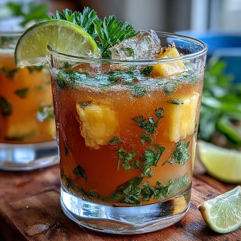 Close-up of Pineapple Basil Agua Fresca with vibrant yellow pineapple chunks and green basil leaves floating in chilled water, perfect thirst-quencher