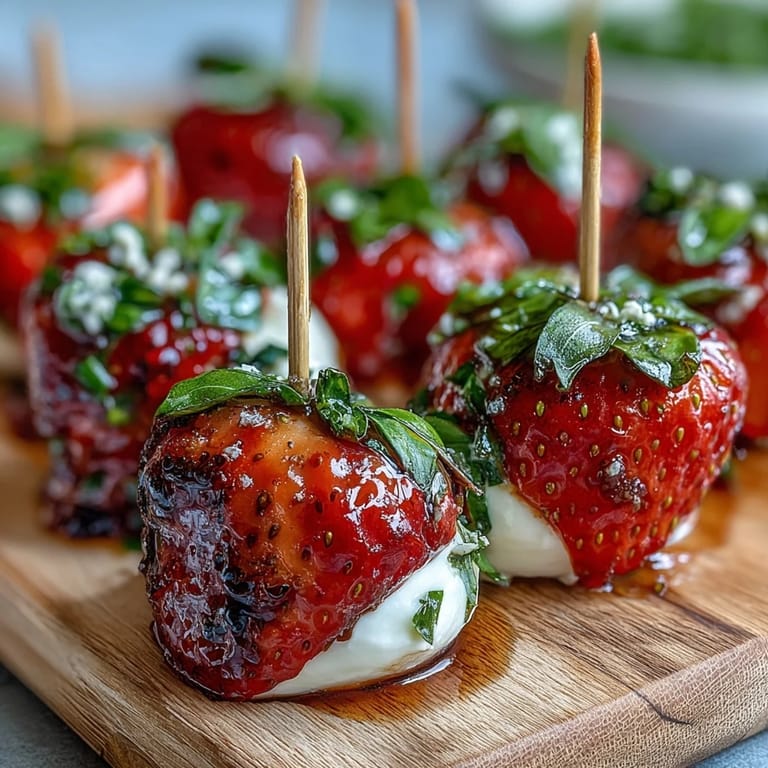 Juicy strawberries, creamy mozzarella, and fresh basil threaded on skewers, drizzled with balsamic reduction for a refreshing party snack.