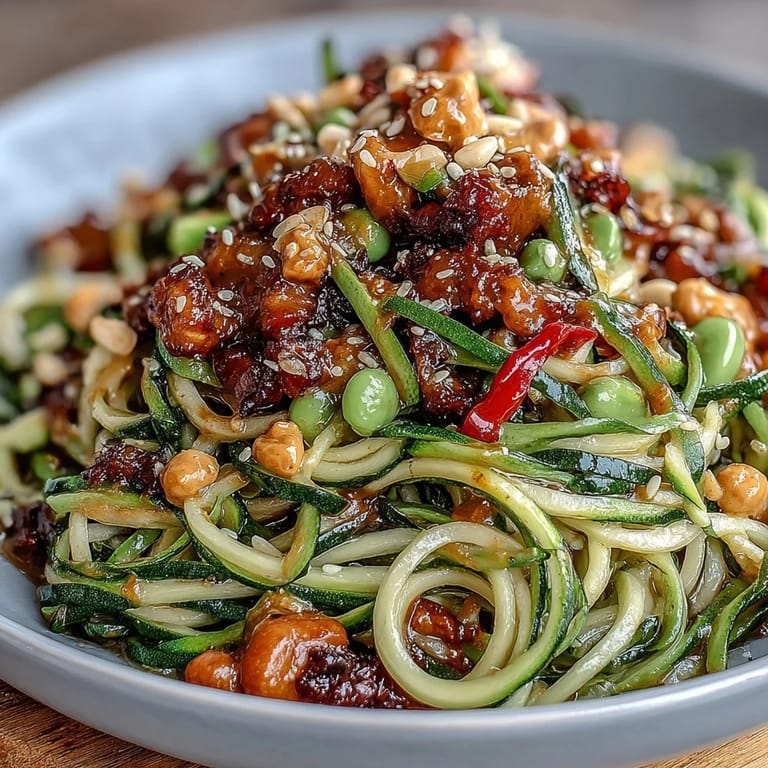 This Healthy Easy Zucchini Noodle Stir-Fry with Peanut Sauce features colorful vegetables in a savory, nutty dressing, perfect for a quick, nourishing meal.