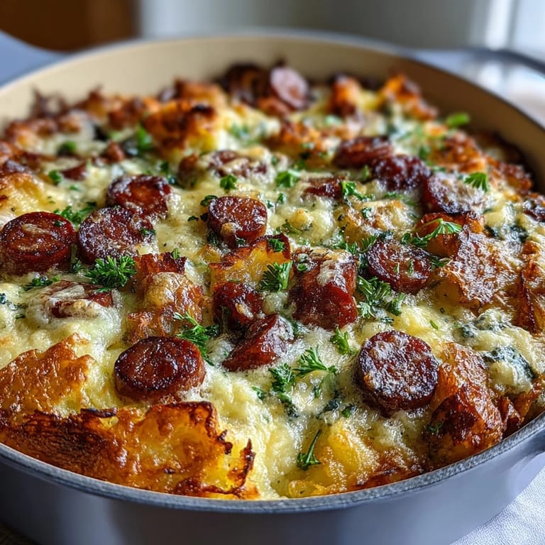 Savory Amish casserole loaded with crispy hash browns, fluffy eggs, and sausage.