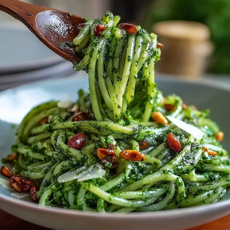 Bright green dandelion pesto featuring toasted pine nuts, garlic, and Parmesan, perfect for pasta, sandwiches, or as a savory dip.
