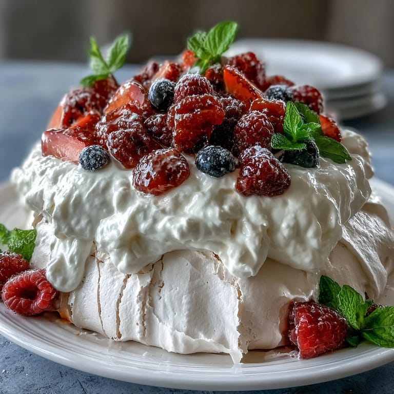 Golden-brown pavlova shell with a marshmallow center, crowned with fresh berries and a dusting of powdered sugar.