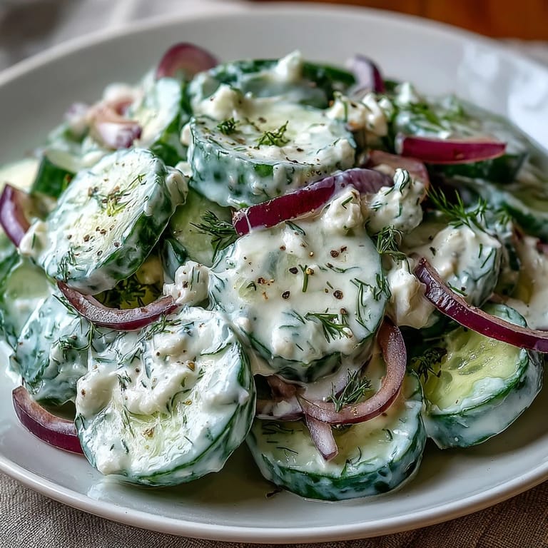 Refreshing Creamy Cucumber Dill Salad featuring cool cucumbers, creamy dressing, and fresh dill—a light side dish for any meal.