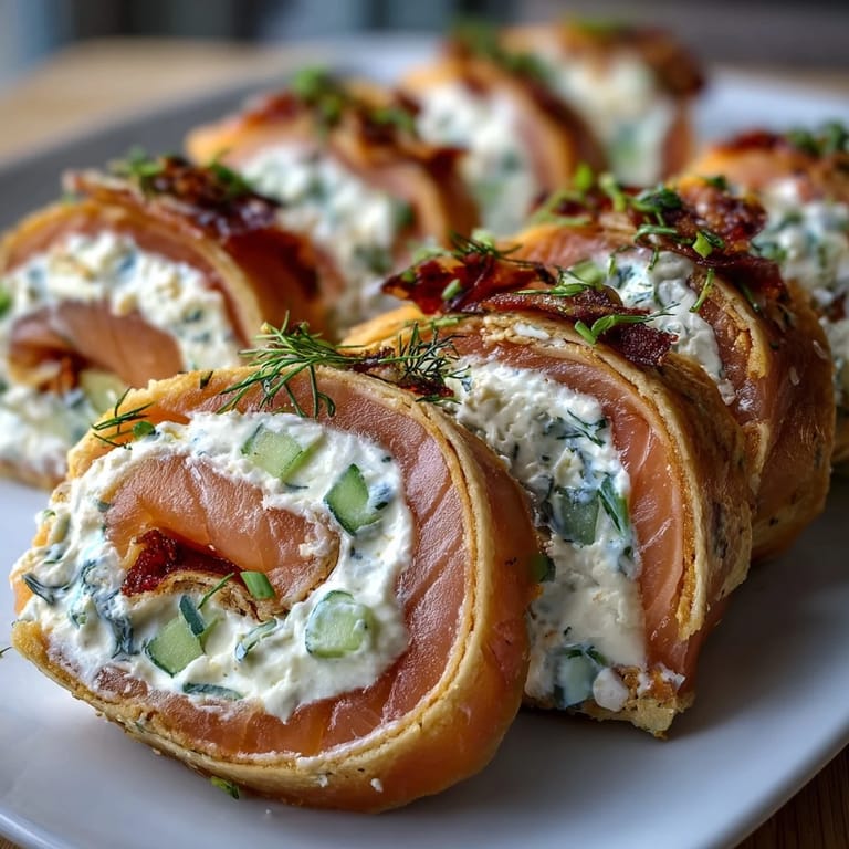 Creamy dill-infused cream cheese, smoked salmon, and fresh cucumber rolled in flour tortillas, sliced into bite-sized pinwheels for elegant snacking.