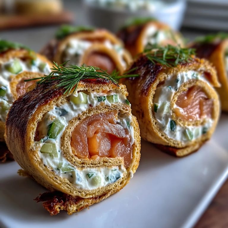 Delicate smoked salmon pinwheels featuring smooth cream cheese spread, crunchy cucumber, and fresh dill wrapped in soft tortillas, ideal for brunch gatherings.