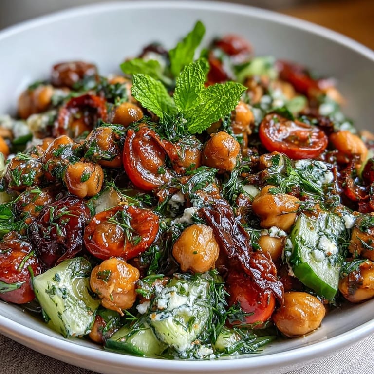 Cold Chickpea Salad with Lemon Herbs: This refreshing, vegan chickpea salad features crisp vegetables, fresh parsley, and mint, all coated in a tangy lemon-herb vinaigrette.