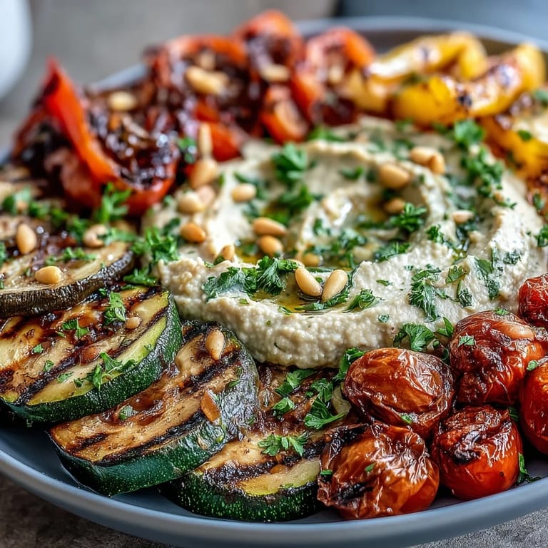 Vibrant array of grilled vegetables served with smooth homemade hummus, ideal for vegan and gluten-free diets.  