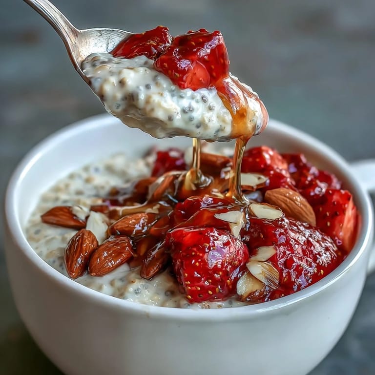 Overnight oats showcasing vibrant strawberries and smooth vanilla, ready for your morning.