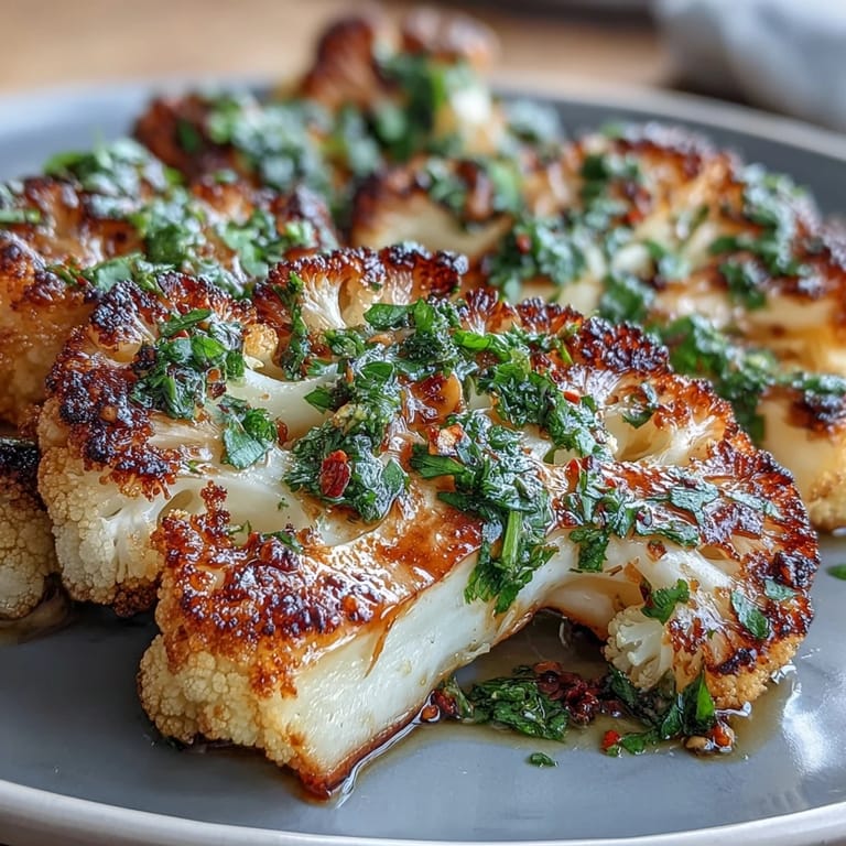 Charred cauliflower steaks basted in smoked paprika oil and served with zesty chimichurri for a bold vegan dish.  