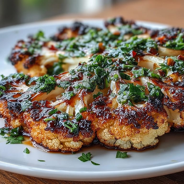 Plant-based BBQ cauliflower steaks with chimichurri, featuring smoky flavor and fresh herbs for a colorful, healthy meal.