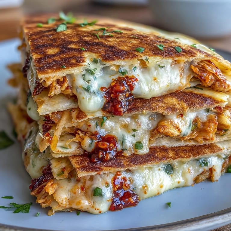 Kimchi Quesadillas, perfectly grilled with gooey cheese and vibrant red kimchi.