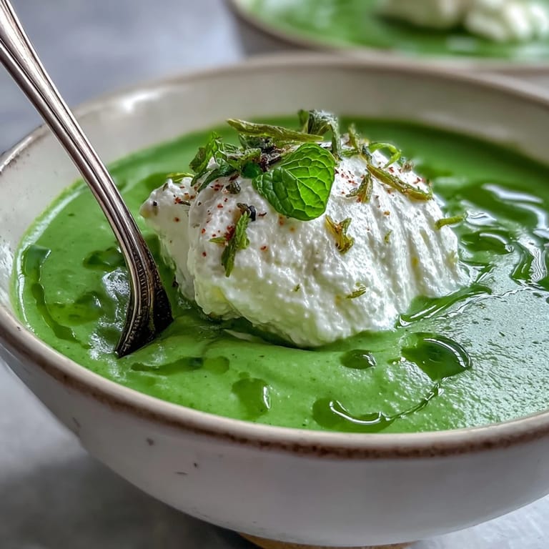 Fresh and creamy pea soup garnished with airy ricotta and fragrant mint oil, served with crusty bread on the side.