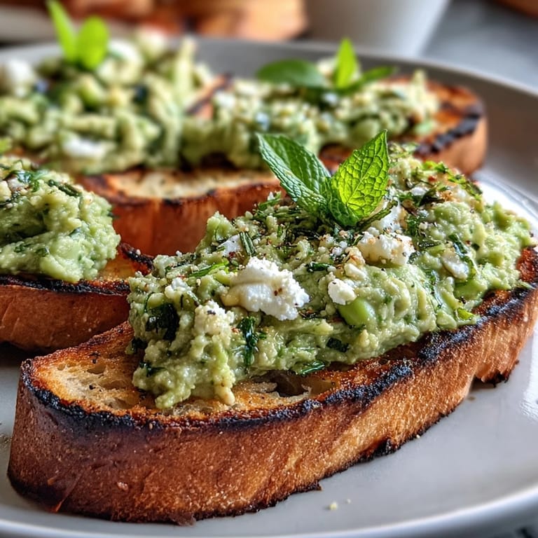 Vibrant spring appetizer featuring mashed fava beans, fresh mint, and lemon on crispy grilled sourdough bread.