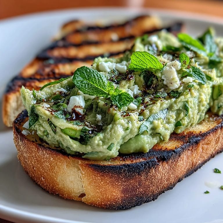 Bright green fava bean spread with mint and lemon zest piled generously on charred sourdough slices for a fresh appetizer.
