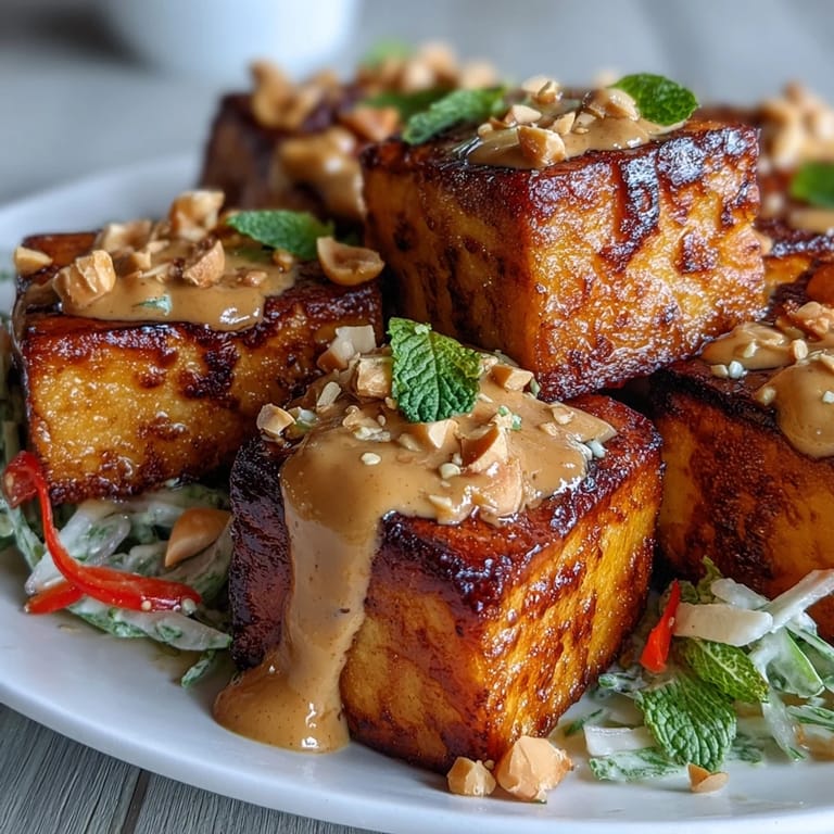 Golden pan-fried tofu sits atop a vibrant mix of julienned mango, crunchy vegetables, and fragrant herbs in this Thai salad.  