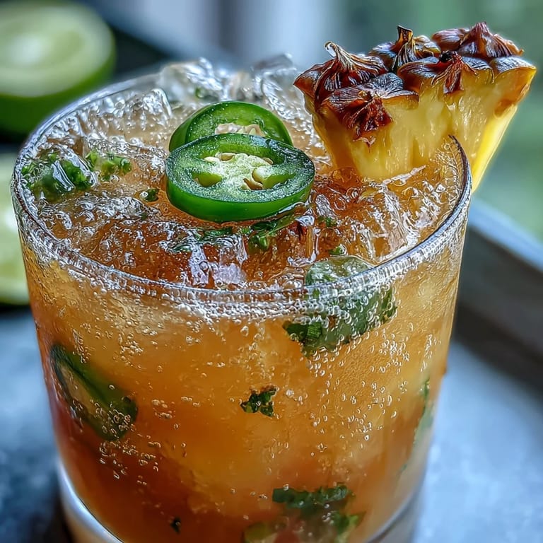 Refreshing Mexican Pineapple Jalapeño Agua Fresca served over ice with sliced jalapeño garnish