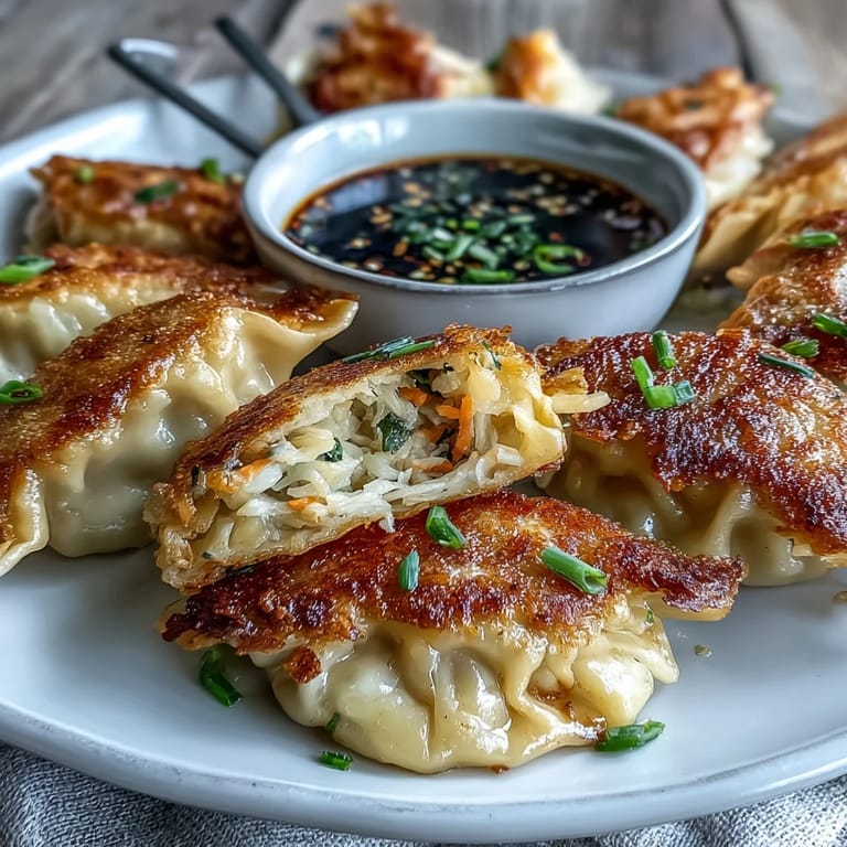 Your delicious crispy cabbage dumplings, perfectly seared and served with dipping sauce.