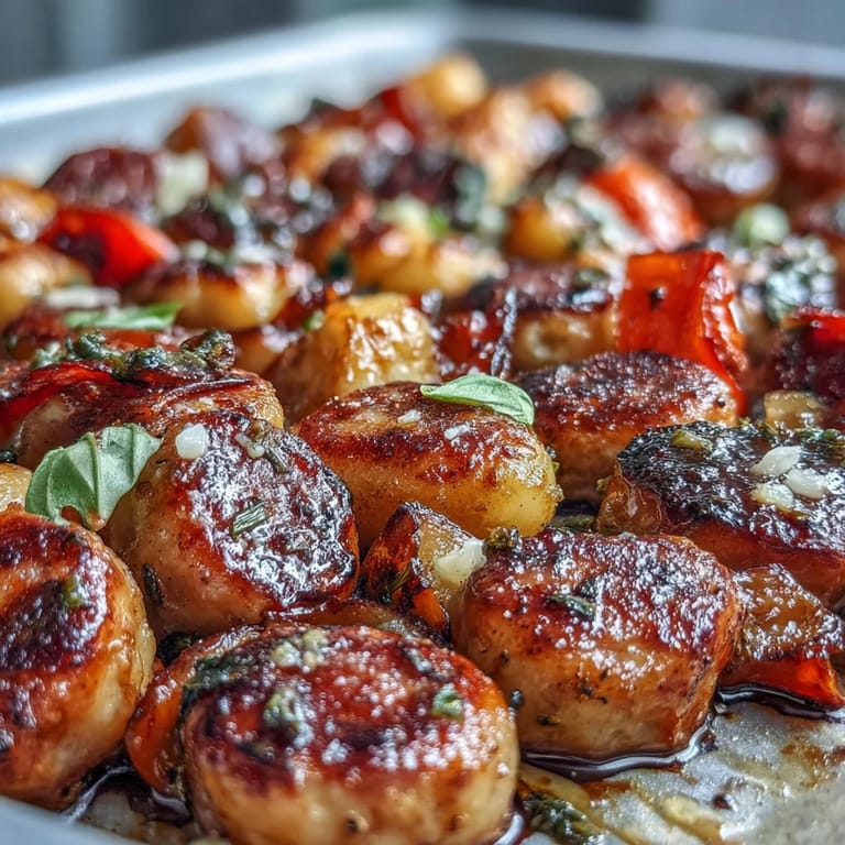Vibrant Sheet Pan Gnocchi dish loaded with sausage, peppers, finished with Parmesan.