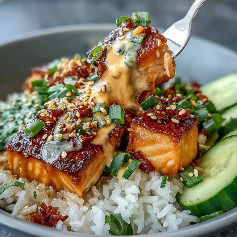 Delectable Spicy Mayo Salmon Rice Bowl, perfectly cooked salmon, crisp veggies, and savory sauce.