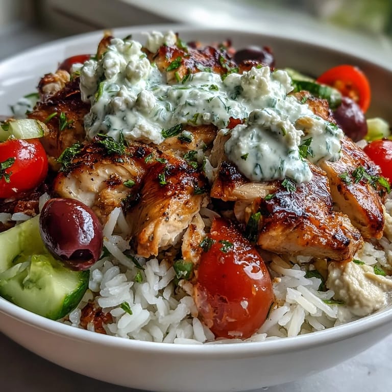 Hearty Greek chicken bowls topped with cooling tzatziki and savory olives.
