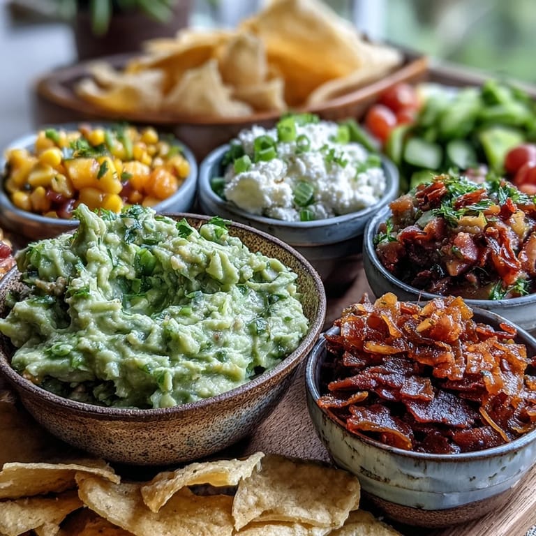 Freshly made guacamole with a generous spread of tasty toppings for a party.
