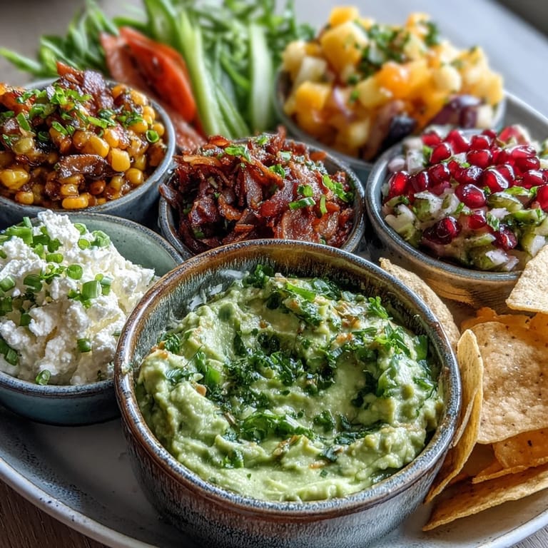 DIY guacamole bar featuring juicy avocado dip and assorted delicious toppings.