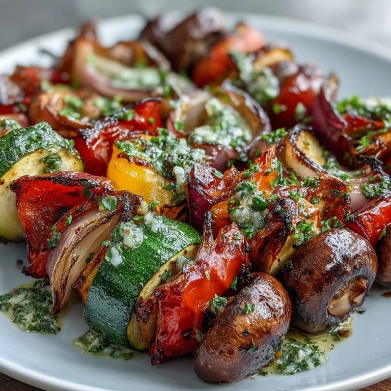 Smoky grilled veggie kabobs loaded with fresh vegetables, drizzled with zesty sauce.