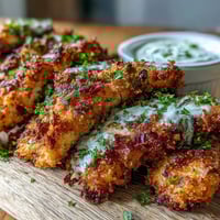 Golden-baked Crispy Panko Ranch Chicken Tenders served with creamy dipping sauce on a white plate.